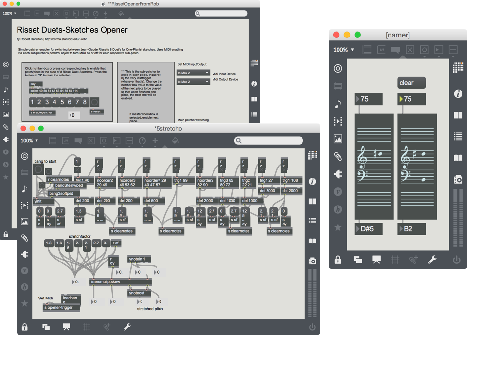 Max/MSP launcher (top), Stretch patcher (bottom) and "namer" sub-patch used to verify MIDI output. 