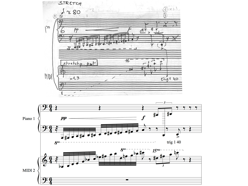 "Stretch", mm. 1. Original hand-written score (top); Piano + MIDI score (bottom).